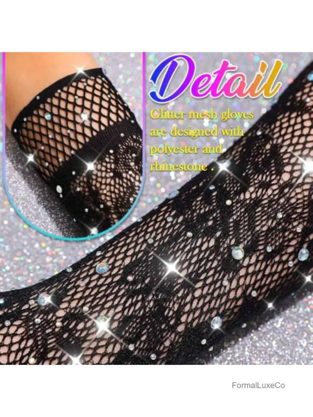 Sparkly Rhinestone Fishnet Gloves Long Lace Elbow Length Arm Sleeves Mesh Prom